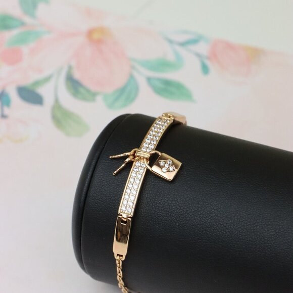 Rose Gold Bracelet with Lock Charm and Crystal Paved Center Bar, XPBL0723 - Picture 5 of 11